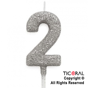 VELA NUMERAL CHICO 5.5 CM CON GIBRE PLATA NUMERO 2 x 1